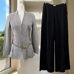NEW St. John Wool Knit Tailored Classic Longline Suit Jacket Wide Leg Trousers 2